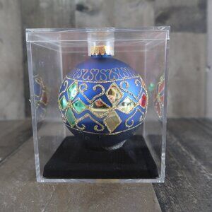 Blue Mercury Glass Christmas Ornament 3.5" in Case Handcrafted Painted Glitter
